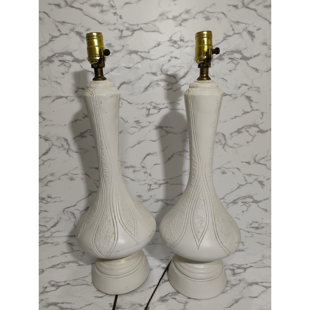 2 Mcm PLASTO Signed Pair Art Deco Atomic Chalkware Lamp Mid Century Modern